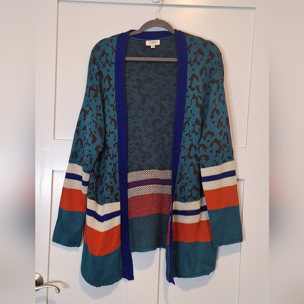 Umgee Oversized Open Front Cardigan Sweater Colorblock Green Blue Medium